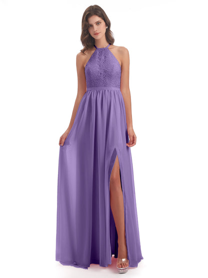Harper A-line Halter Lace Long Bridesmaid Dresses