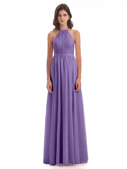 Harper A-line Halter Lace Long Bridesmaid Dresses