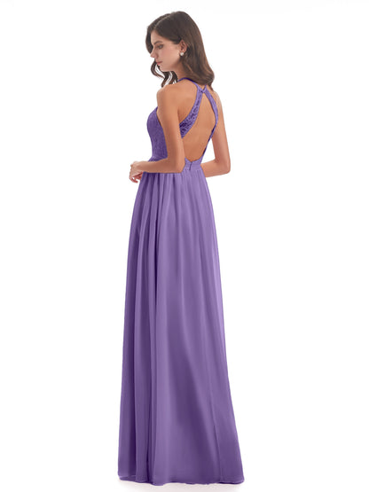 Harper A-line Halter Lace Long Bridesmaid Dresses