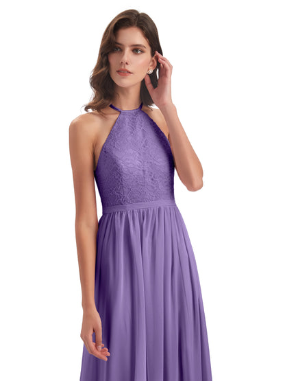 Harper A-line Halter Lace Long Bridesmaid Dresses