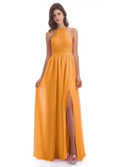 Harper A-line Halter Lace Long Bridesmaid Dresses