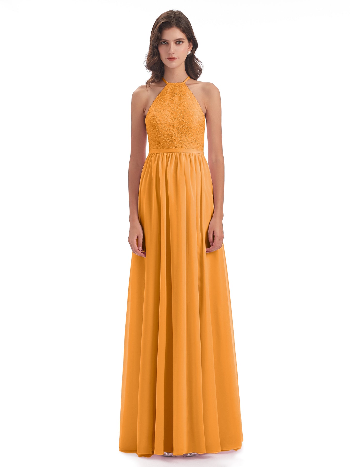 Harper A-line Halter Lace Long Bridesmaid Dresses