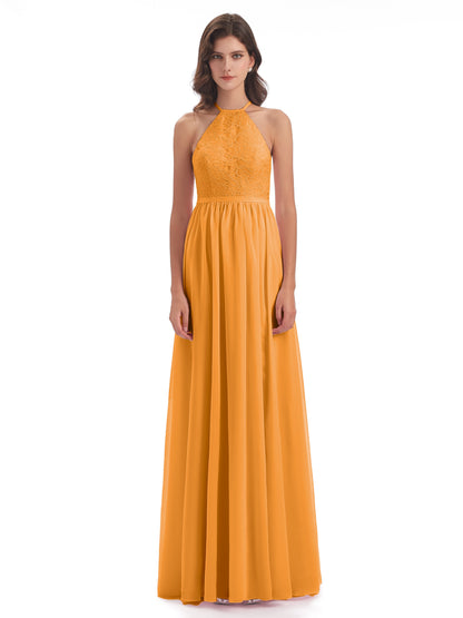 Harper A-line Halter Lace Long Bridesmaid Dresses