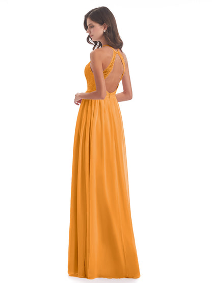 Harper A-line Halter Lace Long Bridesmaid Dresses