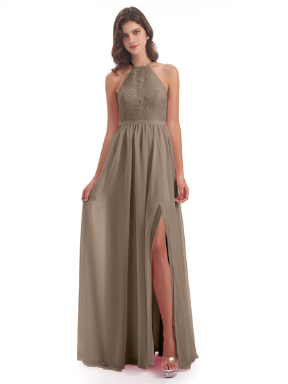 Harper A-line Halter Lace Long Bridesmaid Dresses