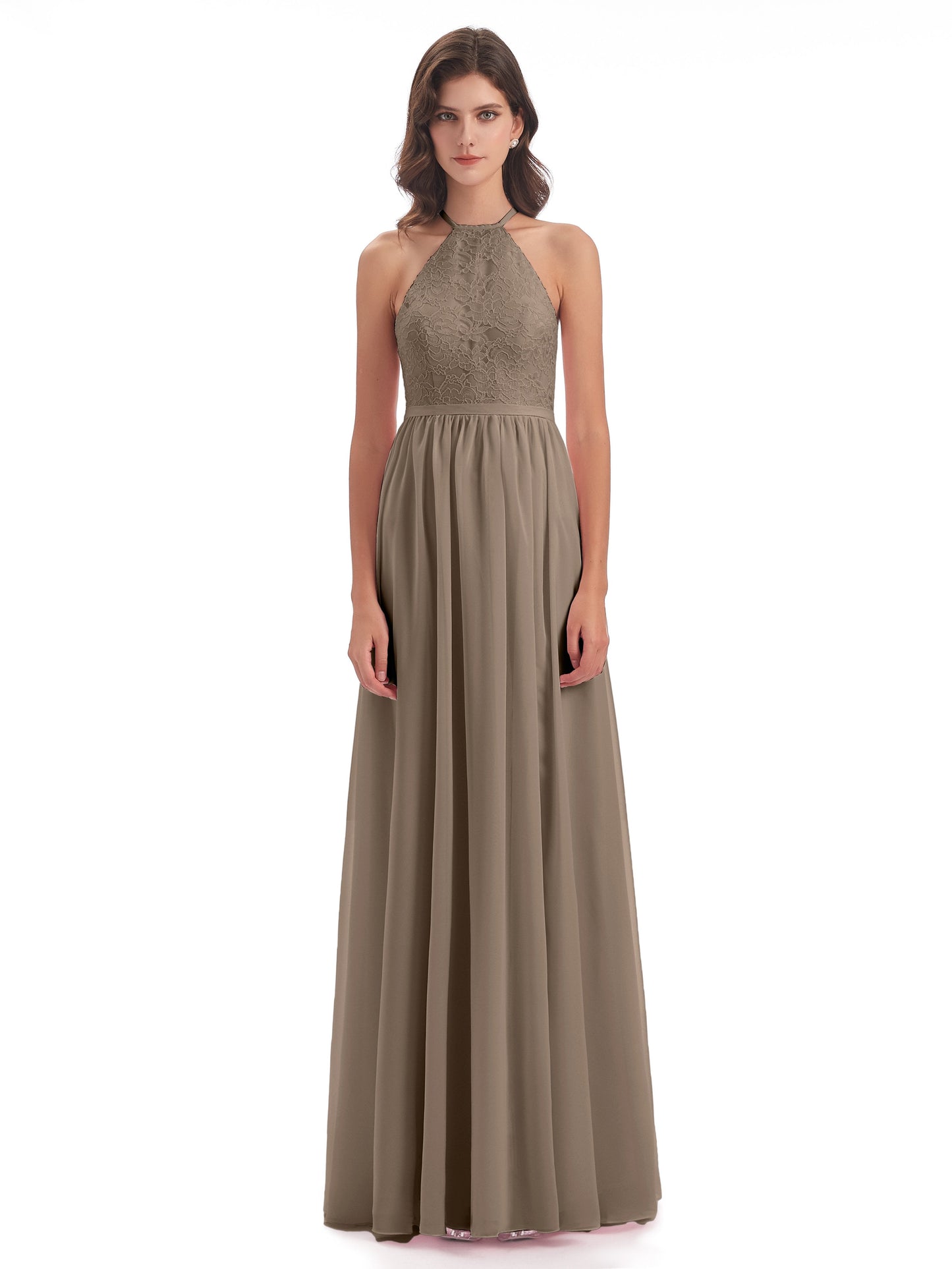 Harper A-line Halter Lace Long Bridesmaid Dresses
