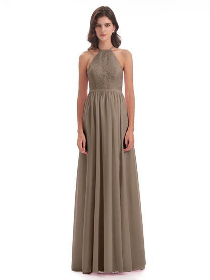 Harper A-line Halter Lace Long Bridesmaid Dresses