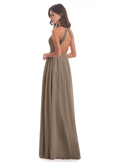 Harper A-line Halter Lace Long Bridesmaid Dresses