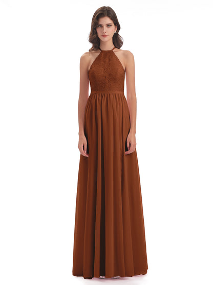 Harper A-line Halter Lace Long Bridesmaid Dresses