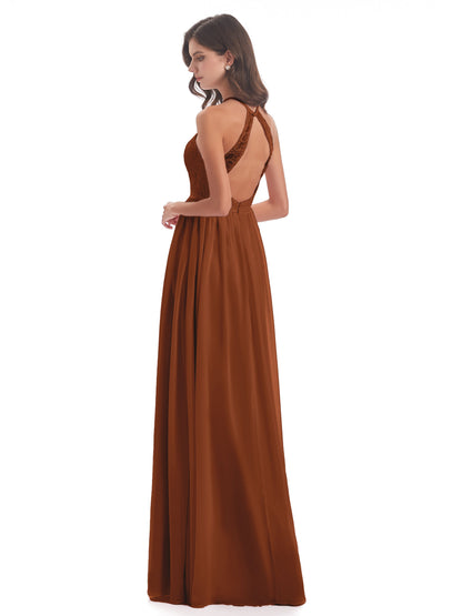 Harper A-line Halter Lace Long Bridesmaid Dresses