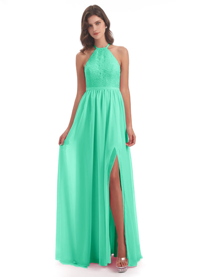 Harper A-line Halter Lace Long Bridesmaid Dresses