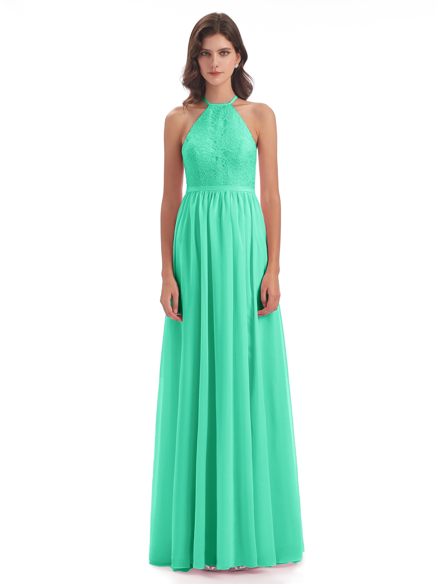 Harper A-line Halter Lace Long Bridesmaid Dresses