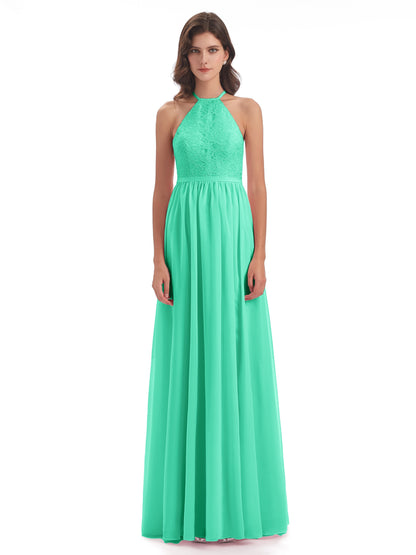 Harper A-line Halter Lace Long Bridesmaid Dresses