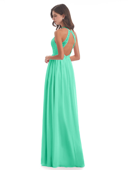 Harper A-line Halter Lace Long Bridesmaid Dresses