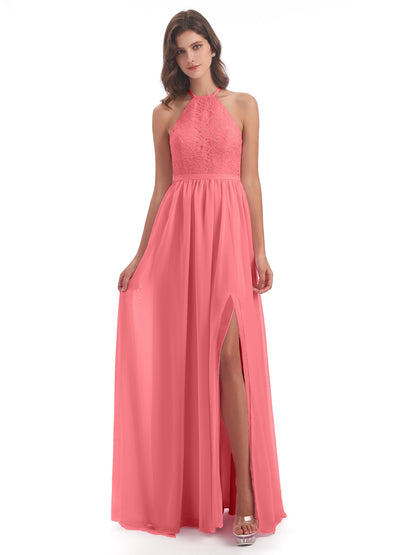 Harper A-line Halter Lace Long Bridesmaid Dresses