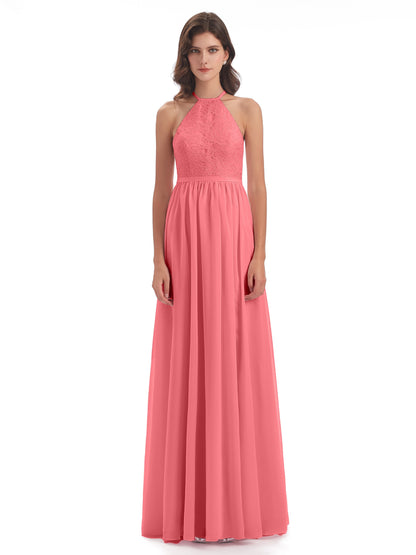 Harper A-line Halter Lace Long Bridesmaid Dresses