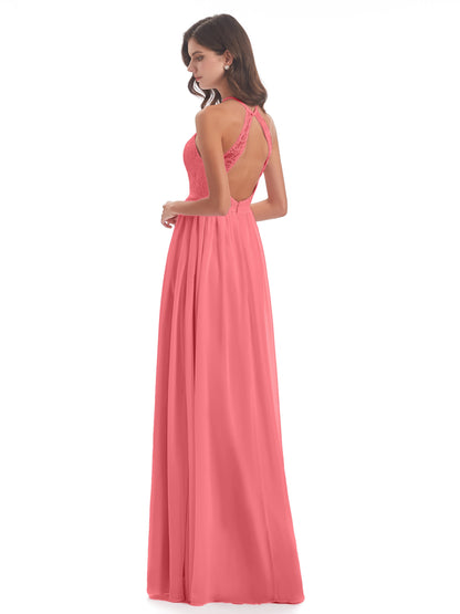 Harper A-line Halter Lace Long Bridesmaid Dresses