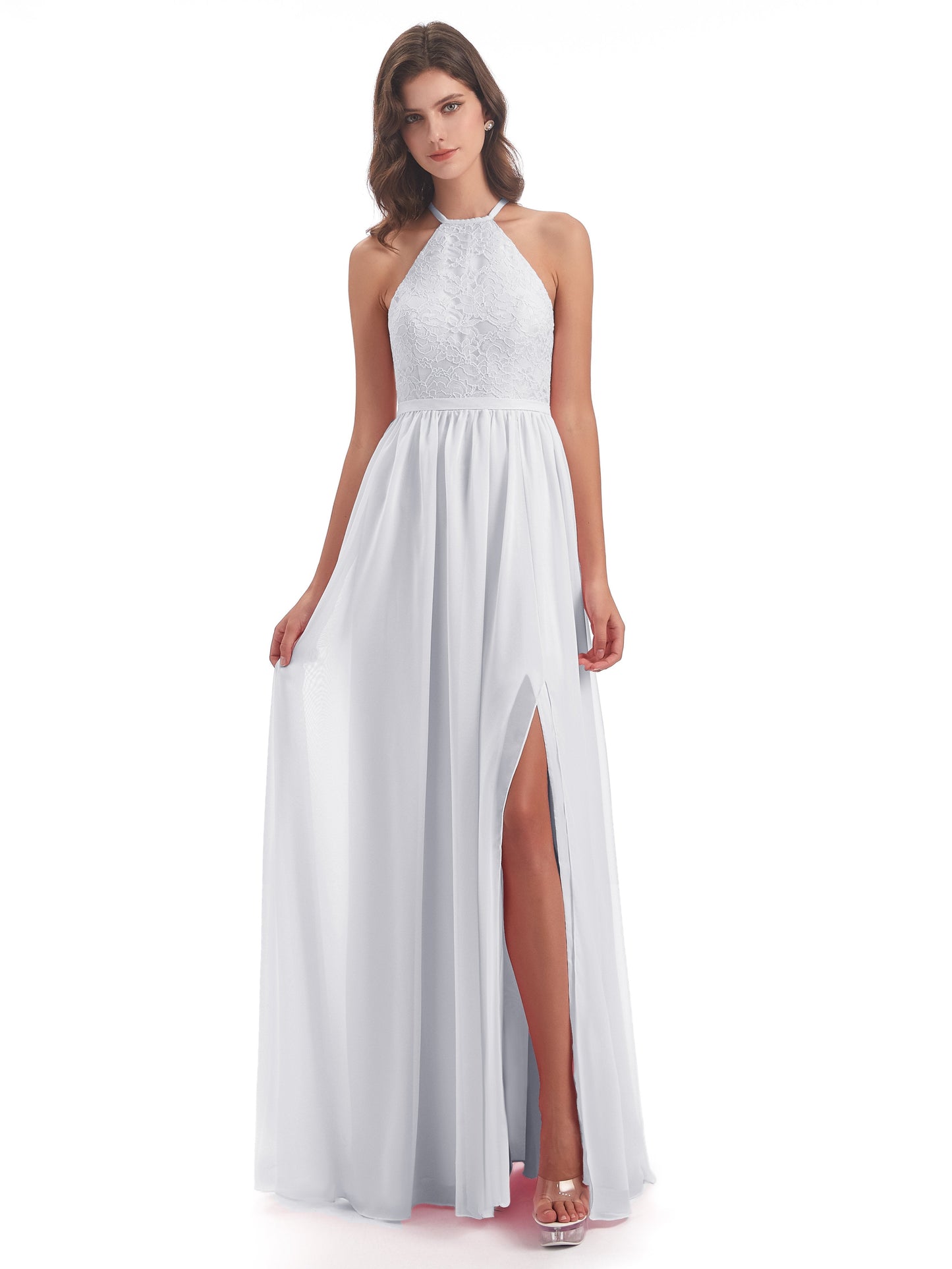 Harper A-line Halter Lace Long Bridesmaid Dresses