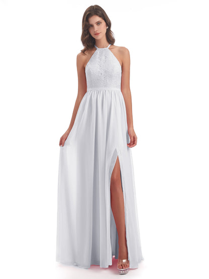 Harper A-line Halter Lace Long Bridesmaid Dresses