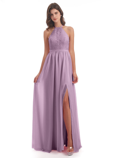 Harper A-line Halter Lace Long Bridesmaid Dresses