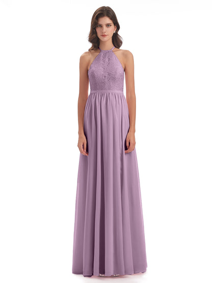 Harper A-line Halter Lace Long Bridesmaid Dresses