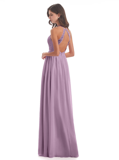 Harper A-line Halter Lace Long Bridesmaid Dresses