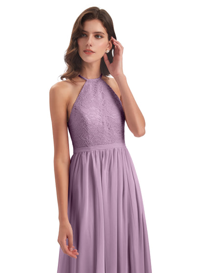Harper A-line Halter Lace Long Bridesmaid Dresses