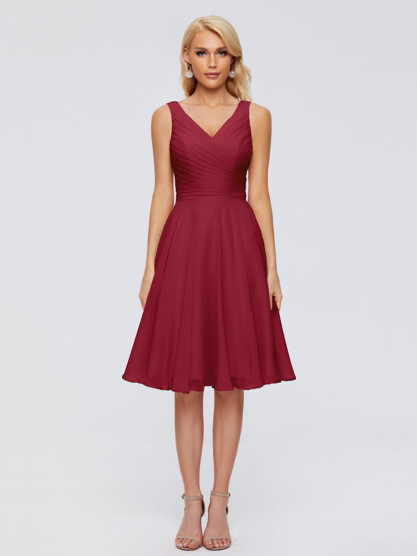 Jocelyn V-Neck Knee Length Chiffon Bridesmaid Dresses