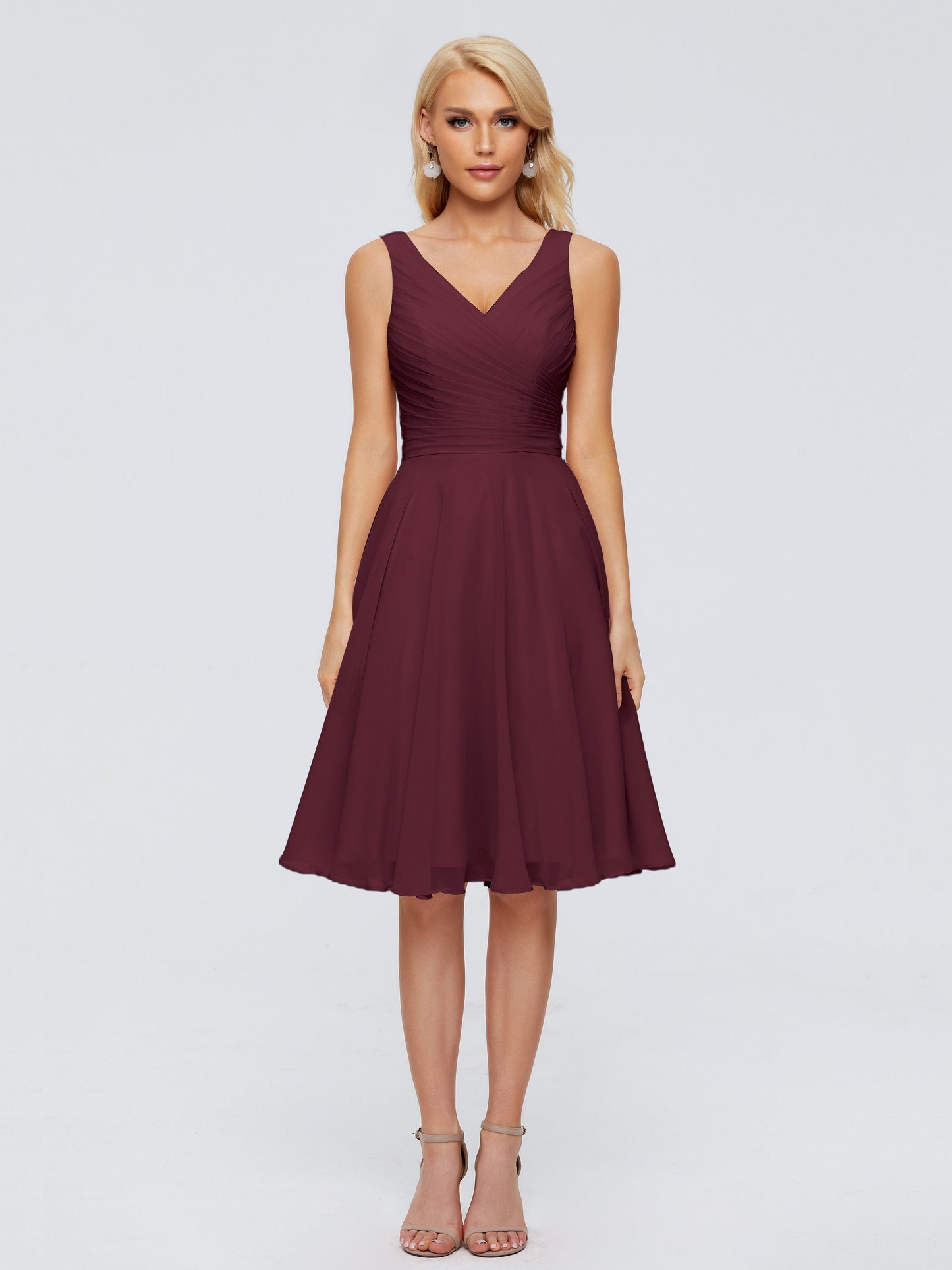 Jocelyn V-Neck Knee Length Chiffon Bridesmaid Dresses