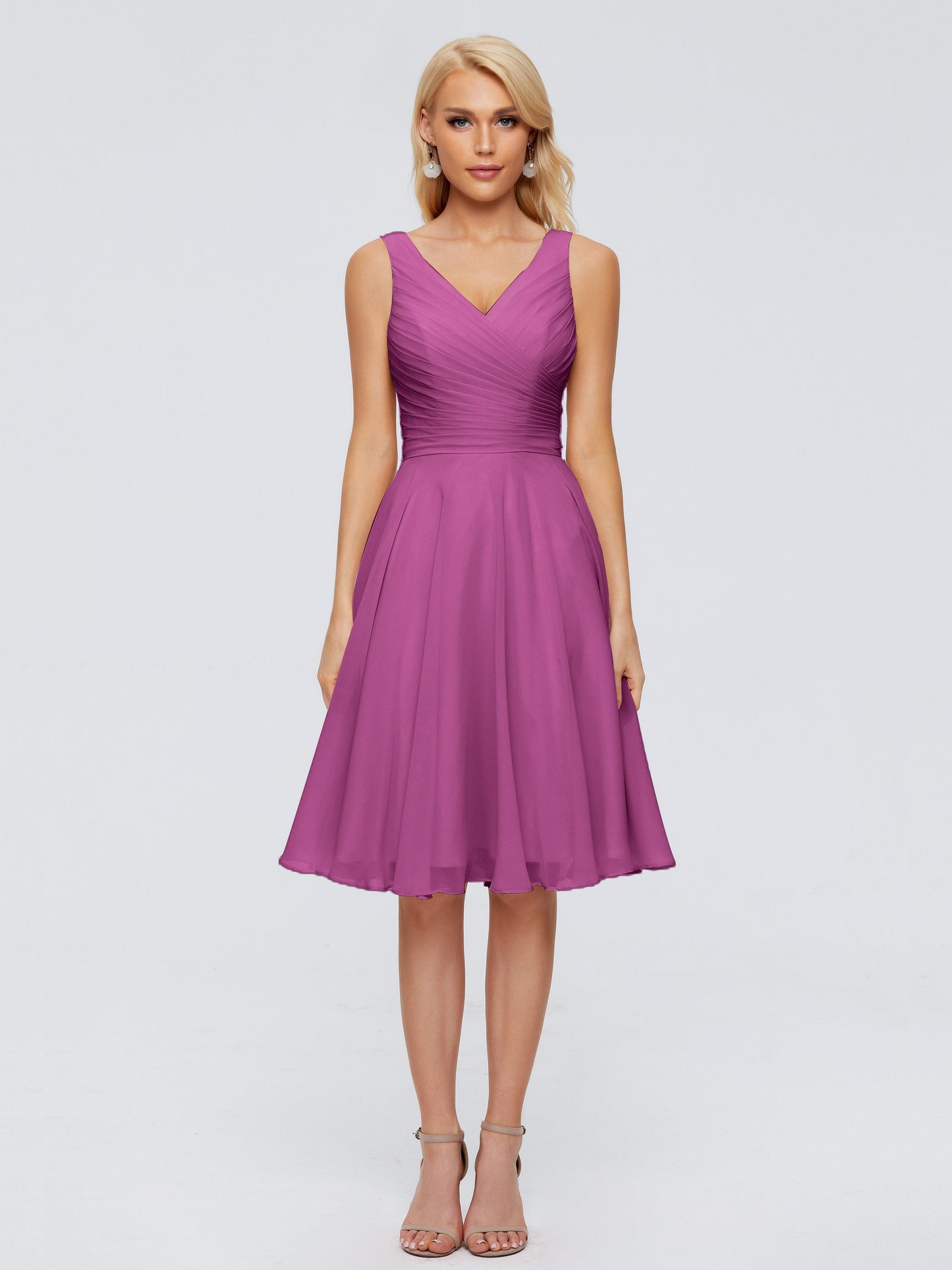 Jocelyn V-Neck Knee Length Chiffon Bridesmaid Dresses