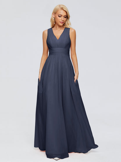 Juliana A-line V Neck Straps Chiffon Bridesmaid Dresses With Pockets