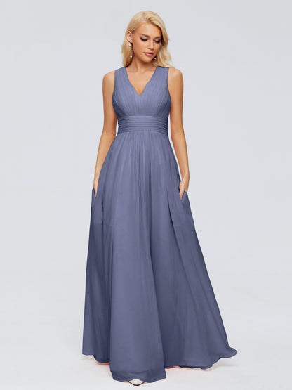 Juliana A-line V Neck Straps Chiffon Bridesmaid Dresses With Pockets