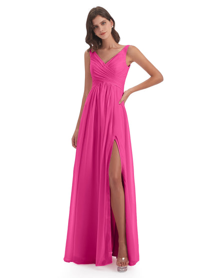 Jurnee Floor Length V-neck Ruched Chiffon Bridesmaid Dresses