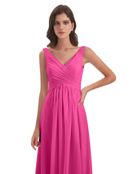 Jurnee Floor Length V-neck Ruched Chiffon Bridesmaid Dresses