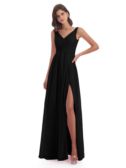 Jurnee Floor Length V-neck Ruched Chiffon Bridesmaid Dresses