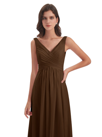 Jurnee Floor Length V-neck Ruched Chiffon Bridesmaid Dresses