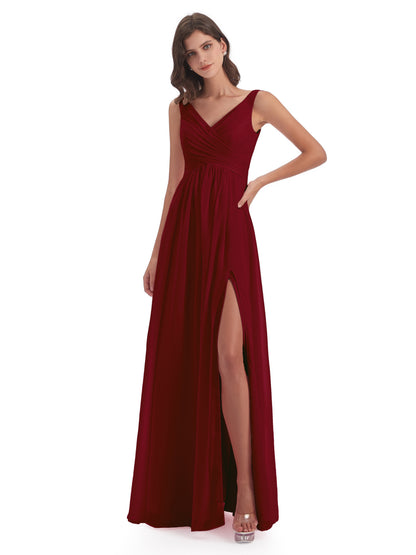 Jurnee Floor Length V-neck Ruched Chiffon Bridesmaid Dresses