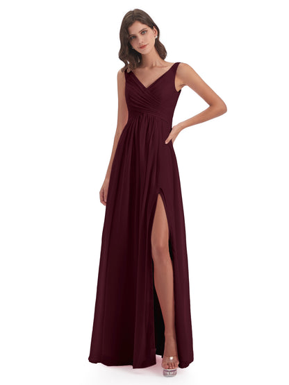 Jurnee Floor Length V-neck Ruched Chiffon Bridesmaid Dresses