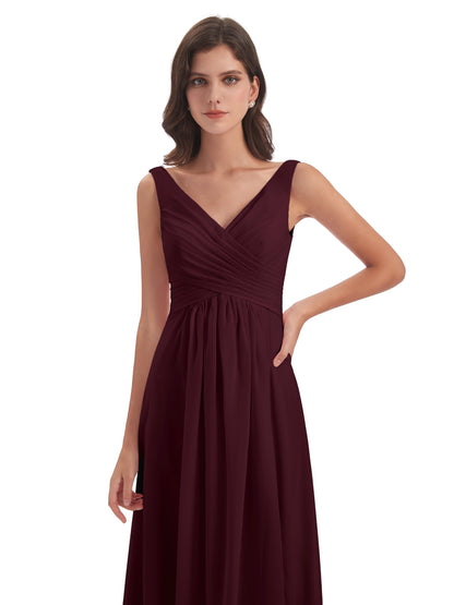 Jurnee Floor Length V-neck Ruched Chiffon Bridesmaid Dresses