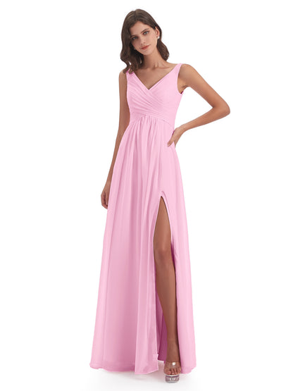 Jurnee Floor Length V-neck Ruched Chiffon Bridesmaid Dresses