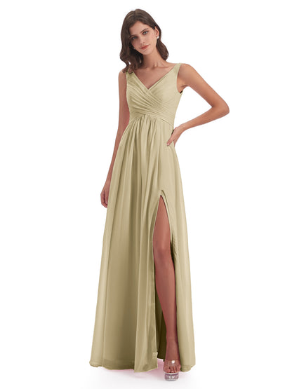Jurnee Floor Length V-neck Ruched Chiffon Bridesmaid Dresses