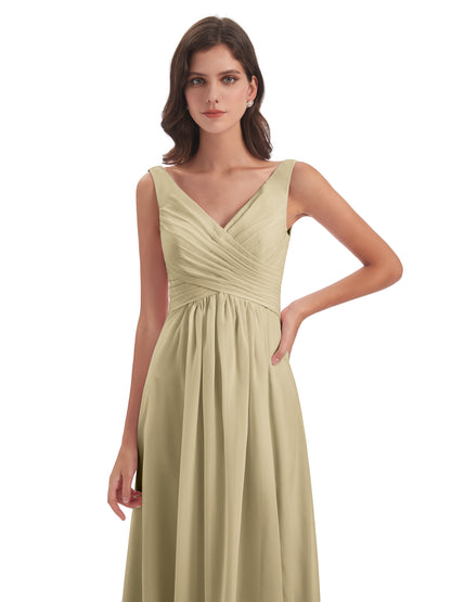 Jurnee Floor Length V-neck Ruched Chiffon Bridesmaid Dresses