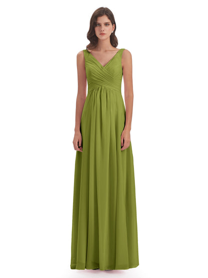 Jurnee Floor Length V-neck Ruched Chiffon Bridesmaid Dresses