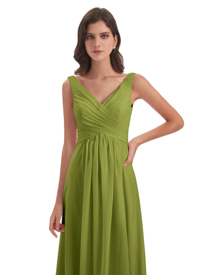 Jurnee Floor Length V-neck Ruched Chiffon Bridesmaid Dresses