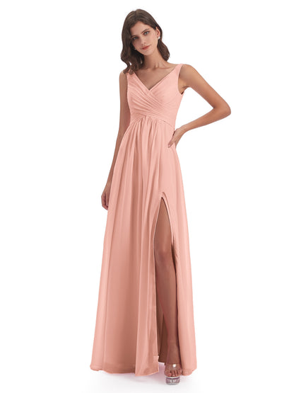 Jurnee Floor Length V-neck Ruched Chiffon Bridesmaid Dresses
