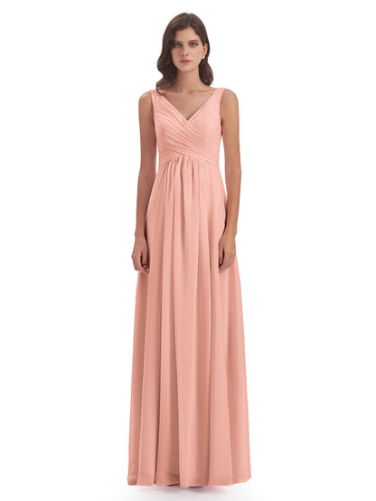Jurnee Floor Length V-neck Ruched Chiffon Bridesmaid Dresses