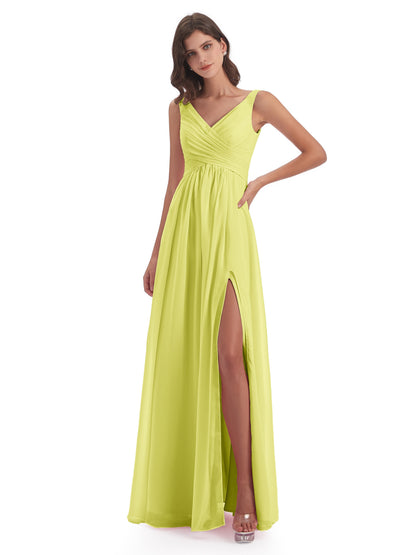 Jurnee Floor Length V-neck Ruched Chiffon Bridesmaid Dresses
