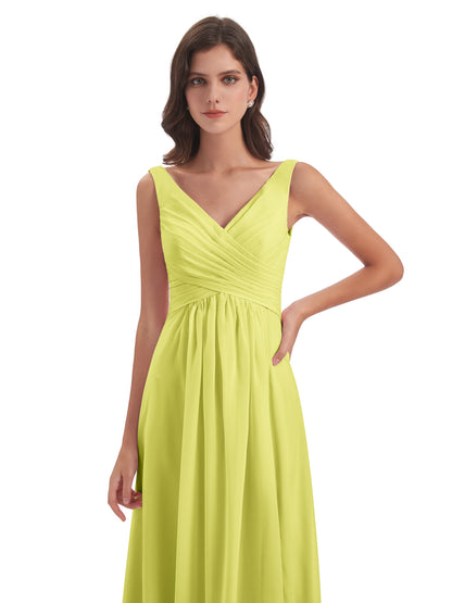 Jurnee Floor Length V-neck Ruched Chiffon Bridesmaid Dresses