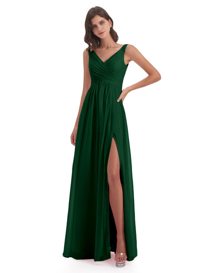 Jurnee Floor Length V-neck Ruched Chiffon Bridesmaid Dresses