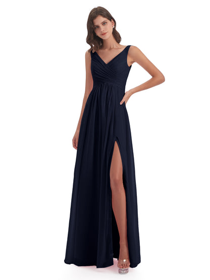 Jurnee Floor Length V-neck Ruched Chiffon Bridesmaid Dresses